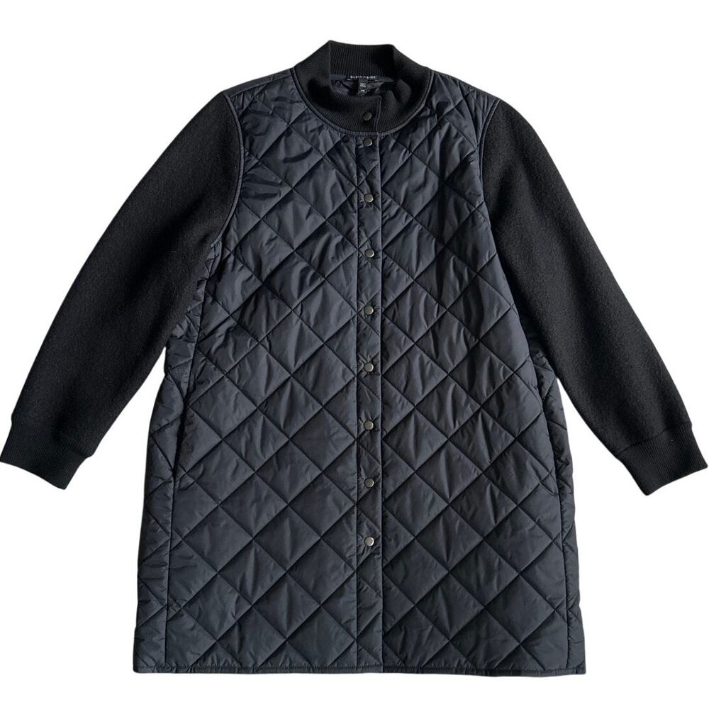 Eileen Fisher Mixed Media Quilted Jacket Wool Knit Sleeves Black Modern Large
